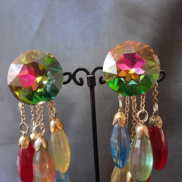 Vintage Aurora Borealis Dangle Clip Earrings four inches - Picture 4 of 10